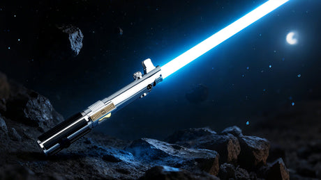 Detailed lightsaber hilt and glowing blade technology
