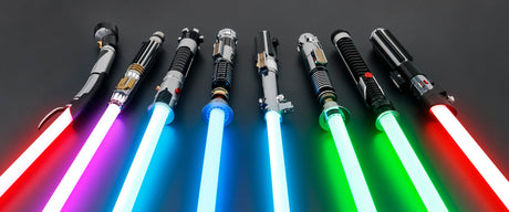 Lightsaber colours explained showing blue green red and purple lightsaber blades