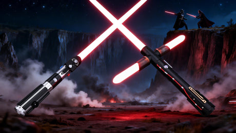 Lightsaber dueling guide showing two combat lightsabers crossed during practice