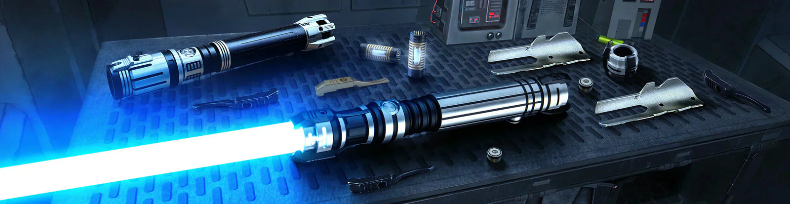 Lightsaber accessories including display stand, case and upgrade parts